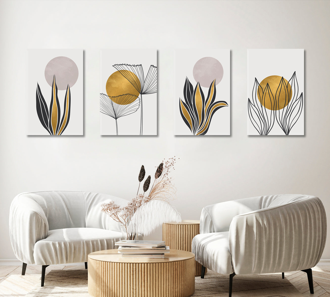 Set of 4 Vertical Abstract Golden Plant Leaves Canvas Print ArtLexy 4 Panels 64”x24” inches 