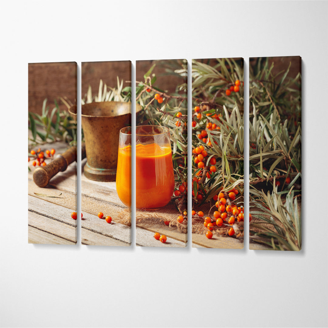 Glass of Sea Buckthorn Juice with Fresh Berries Canvas Print ArtLexy 5 Panels 36"x24" inches 