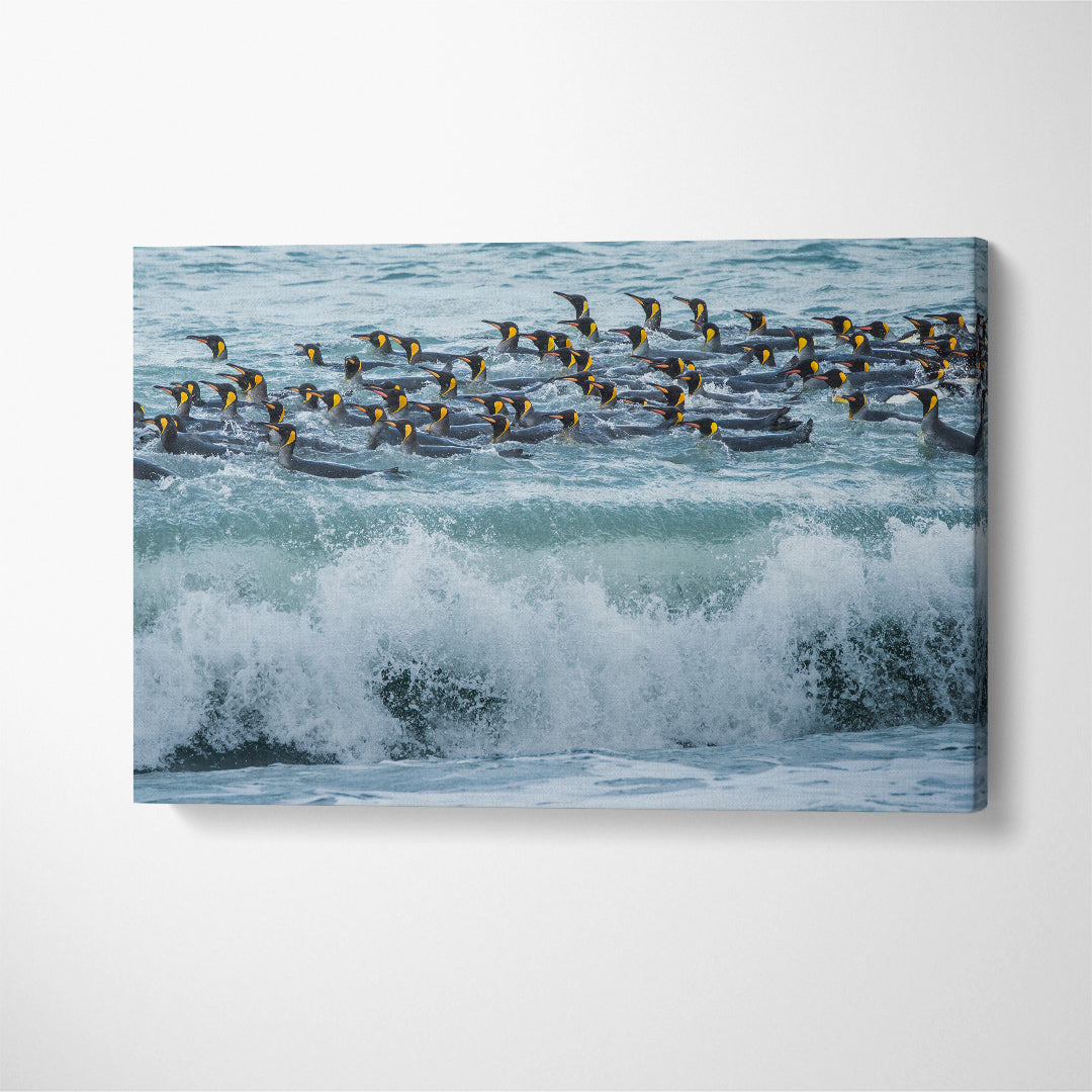 King Penguins Swimming in Waves Canvas Print ArtLexy 1 Panel 24"x16" inches 