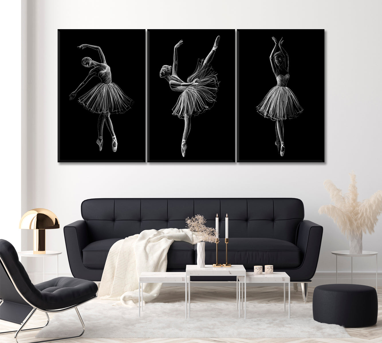 Set of 3 Ballerina in Black and White Canvas Print ArtLexy 3 Panels 48”x24” inches 