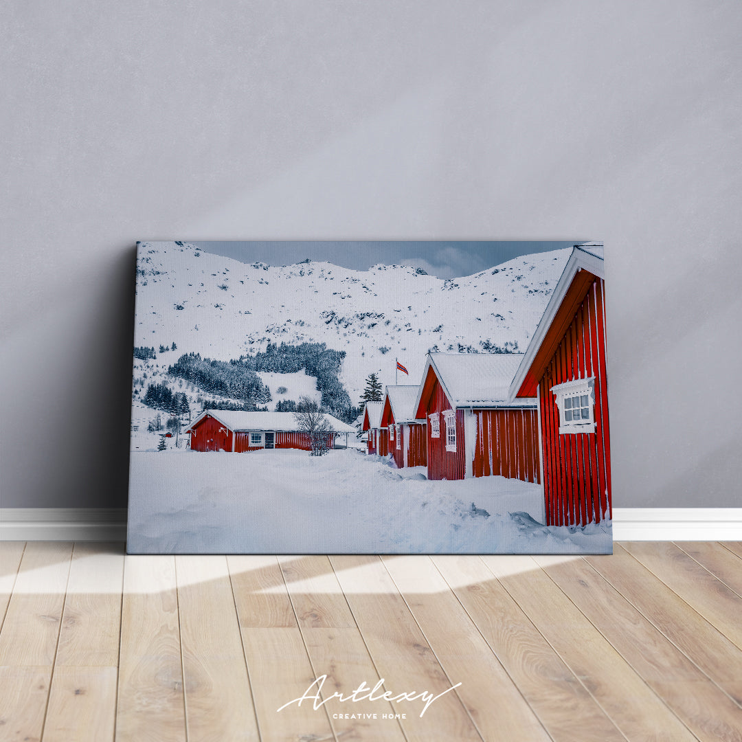 Lofoten Islands with Traditional Norwegian Red Wooden Houses Canvas Print ArtLexy   