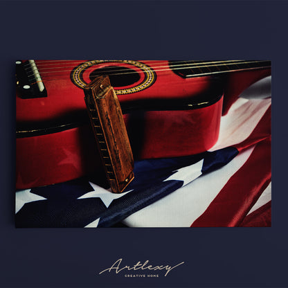 Guitar and Harmonica with Flag of United States Canvas Print ArtLexy   