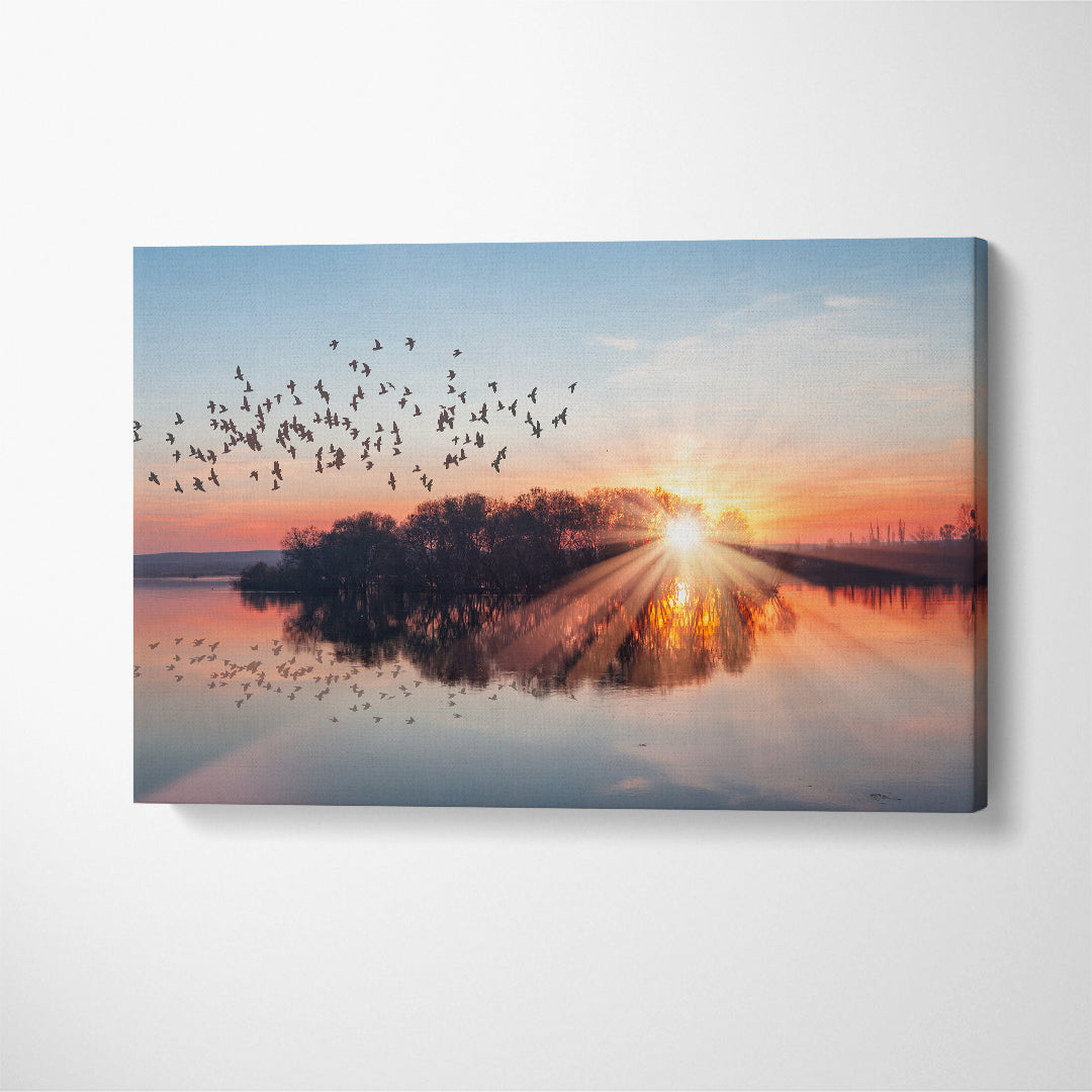 Flocks Birds Over Lake at Sunset Canvas Print ArtLexy 1 Panel 24"x16" inches 