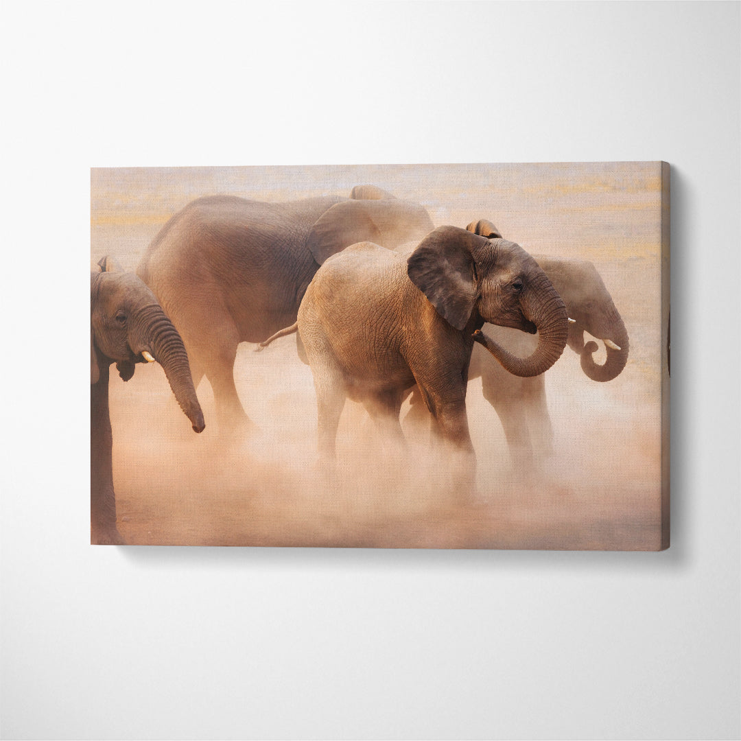 Herd of Elephants in Desert Canvas Print ArtLexy   