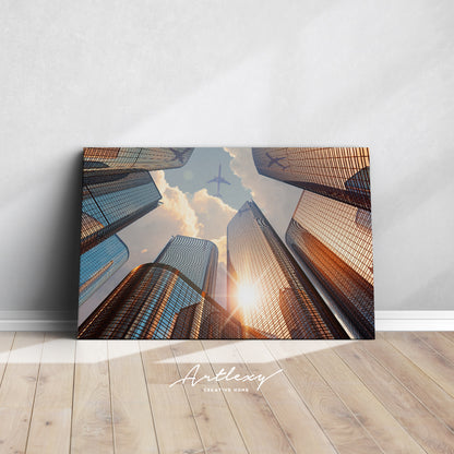 Airplane Flying Above Modern Skyscrapers Canvas Print ArtLexy   