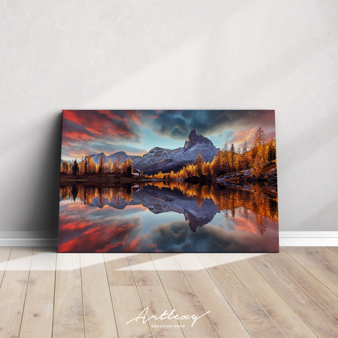 Federa Lake with Dolomites Peak Canvas Print ArtLexy   