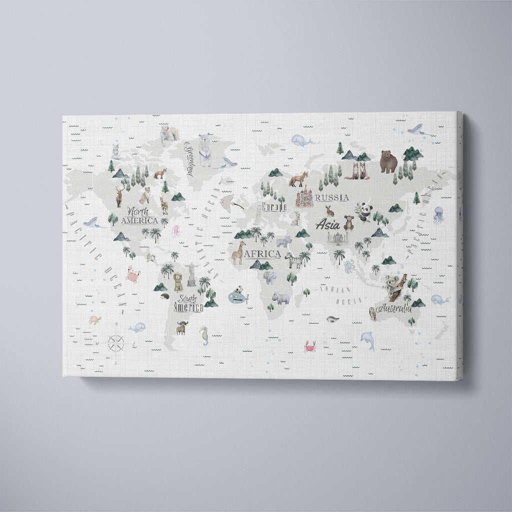 Animals World Map for Kids Canvas Print ArtLexy 1 Panel 24"x16" inches 