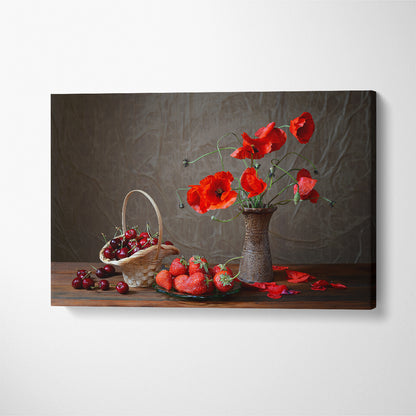 Still Life Poppy and Cherries Canvas Print ArtLexy 1 Panel 24"x16" inches 