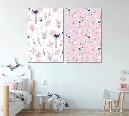 Set of 2 Vertical Lovely Pink Bird and Flowers Canvas Print ArtLexy   