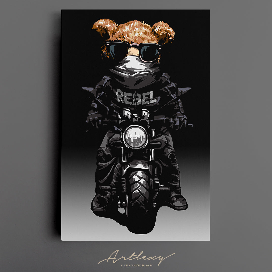 Bear Rebel. Biker Bear on Motorcycle Canvas Print ArtLexy   