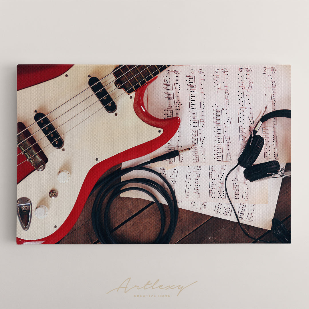 Electric Guitar with Notes and Headphones Canvas Print ArtLexy   