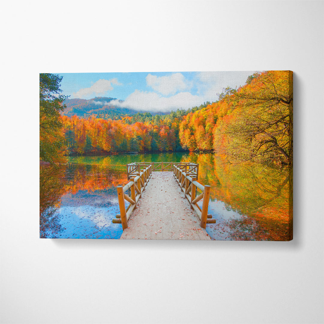 Autumn Forest Landscape with Wooden Pier in Seven Lakes Yedigoller Park Bolu Turkey Canvas Print ArtLexy 1 Panel 24"x16" inches 