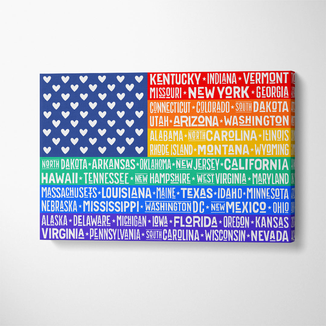 Rainbow United States of America Flag with States Canvas Print ArtLexy 1 Panel 24"x16" inches 
