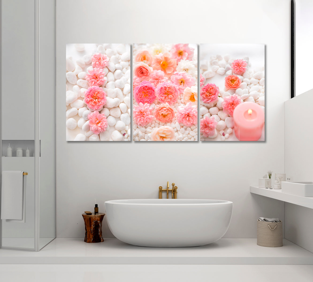 Set of 3 Spa Stones and Pink Roses Canvas Print ArtLexy 3 Panels 48”x24” inches 