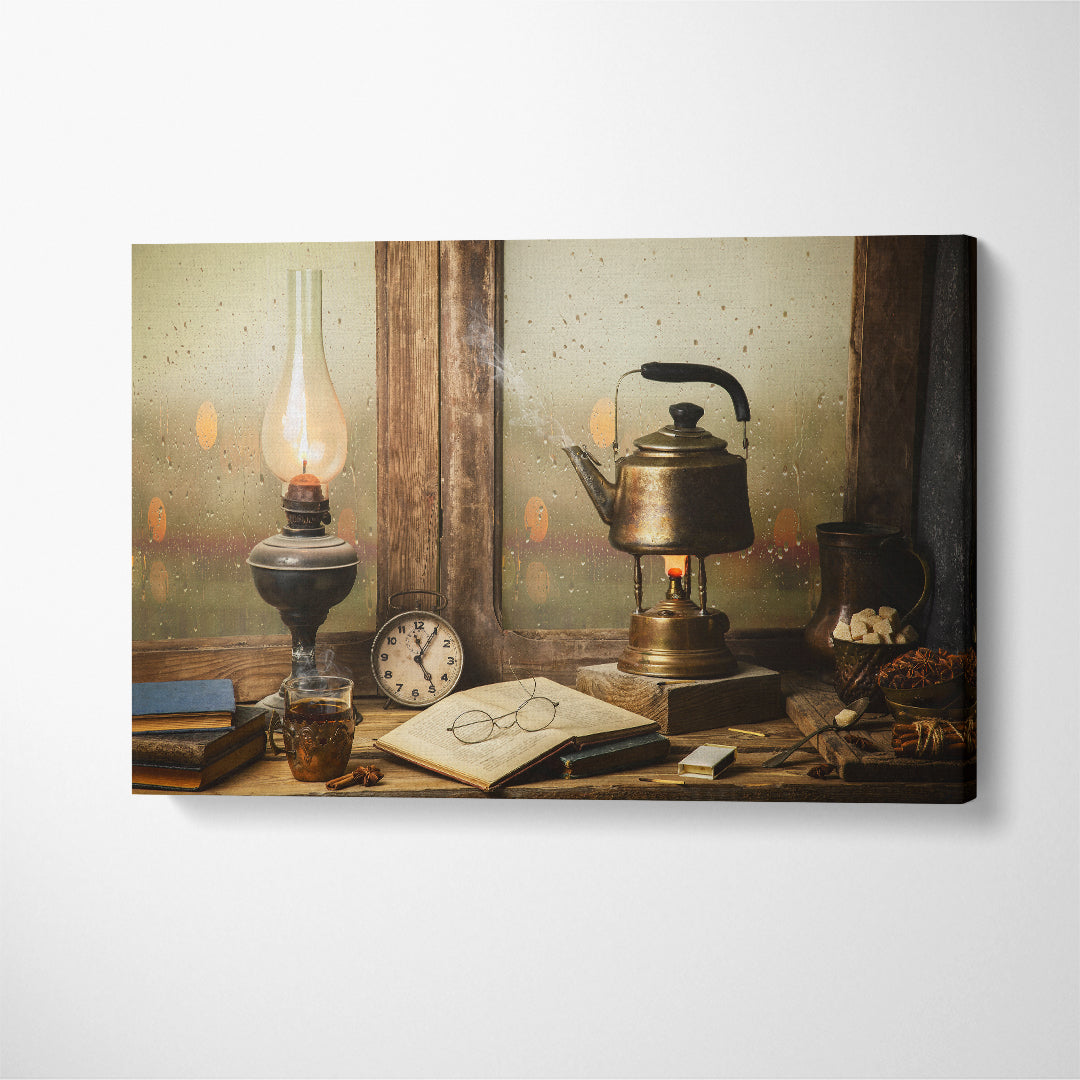 Still Life Old Hot Tea Pot with Vintage Lamp and Old Books Canvas Print ArtLexy 1 Panel 24"x16" inches 