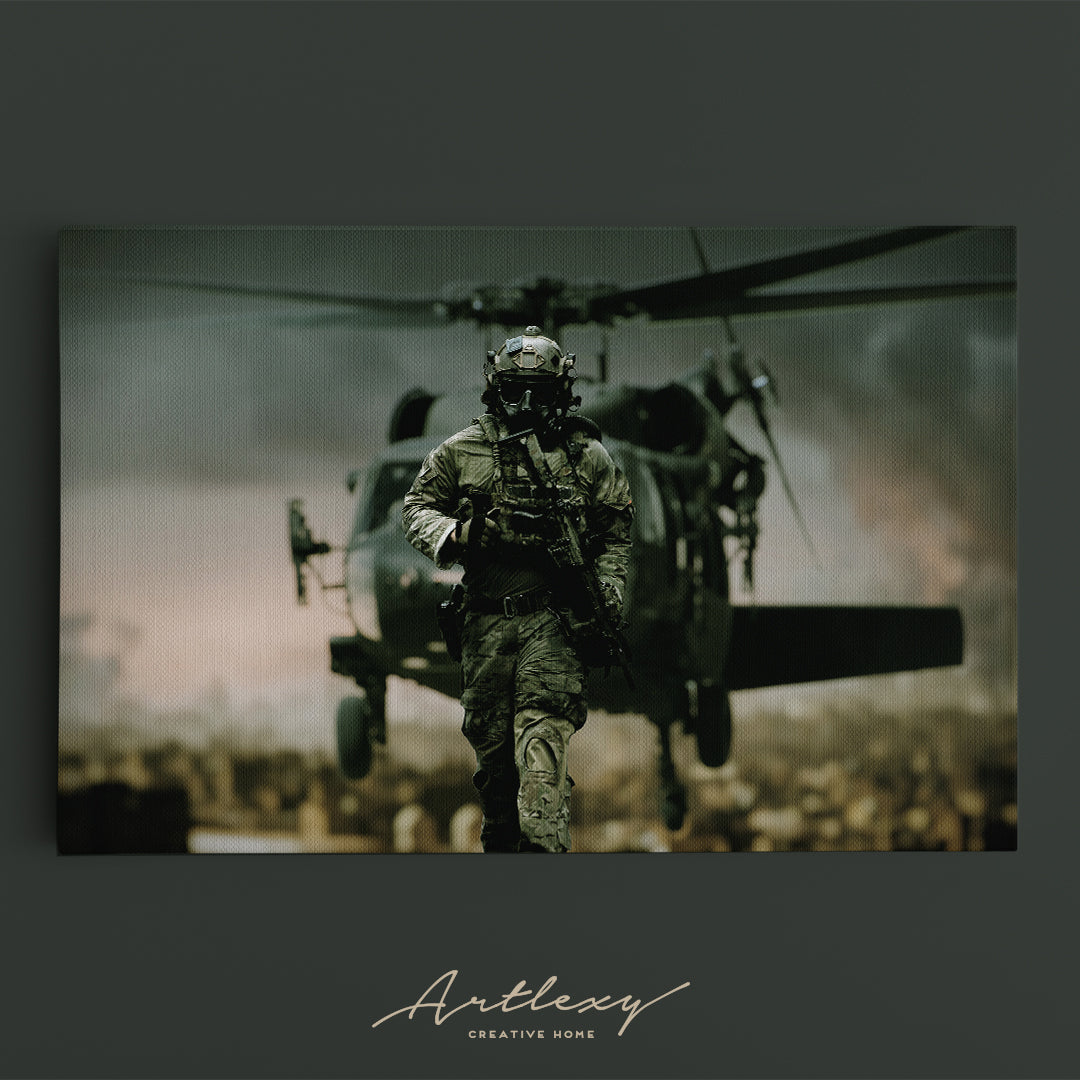 Military Helicopter Behind American Soldier Canvas Print ArtLexy   