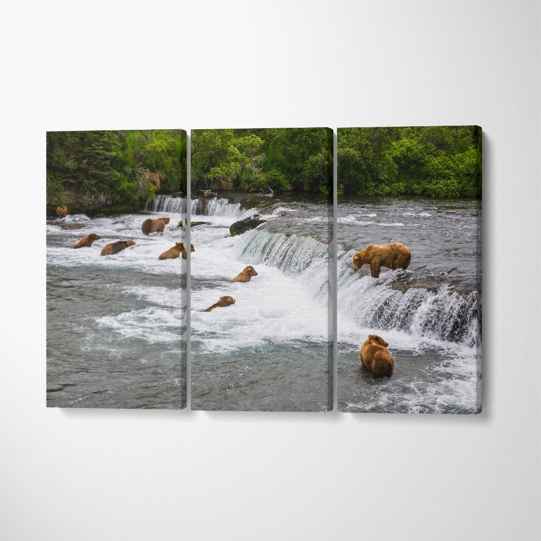 Bears Hunting Salmon at Brooks Falls Alaska Canvas Print ArtLexy 3 Panels 36"x24" inches 