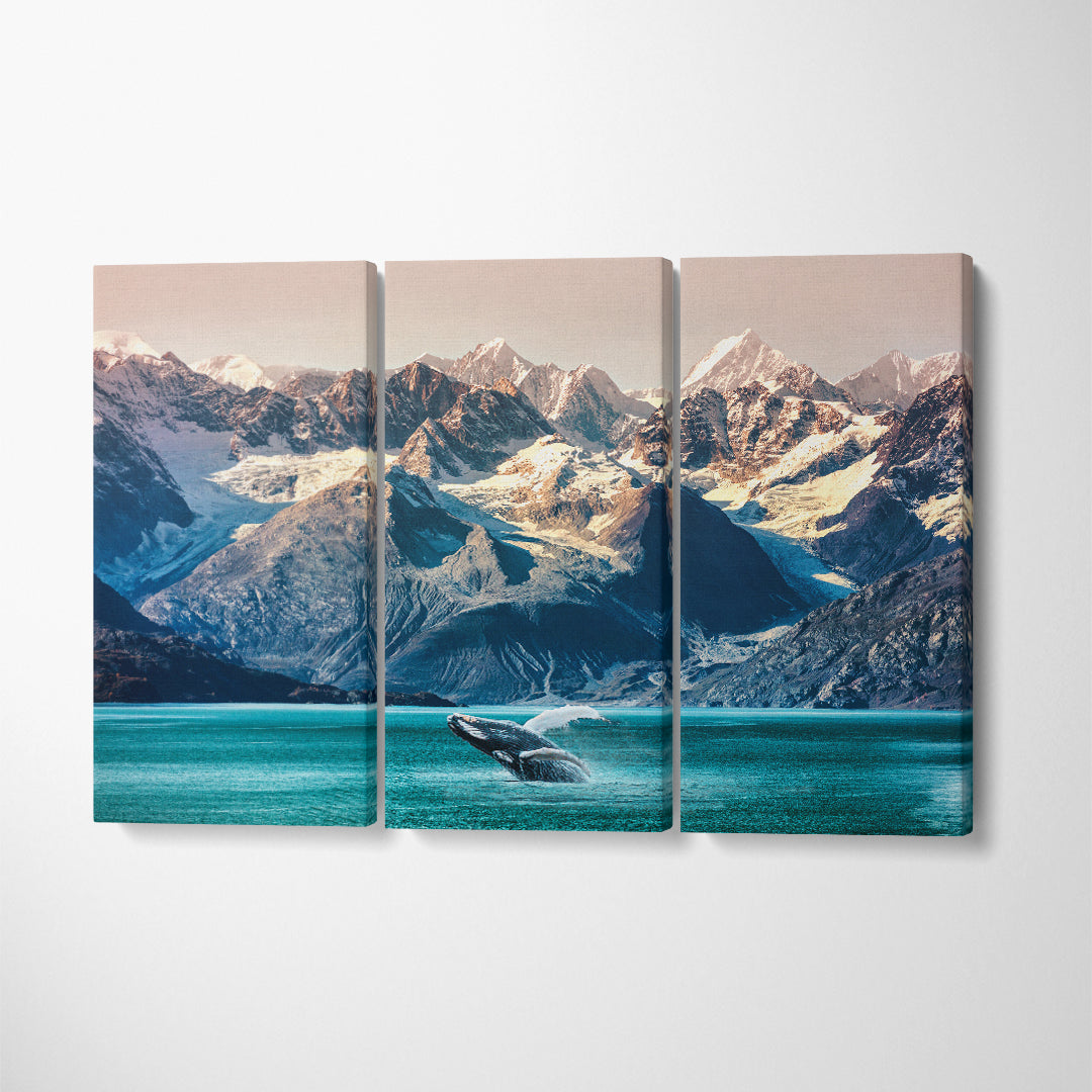 Whale In Ocean With Alaskan Mountain Landscape Canvas Print ArtLexy 3 Panels 36"x24" inches 