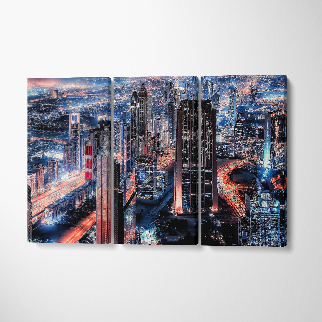 Dubai Cityscape at Night Canvas Print ArtLexy 3 Panels 36"x24" inches 