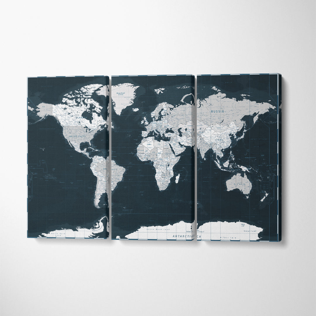 Dark Blue Political World Map Canvas Print ArtLexy 3 Panels 36"x24" inches 