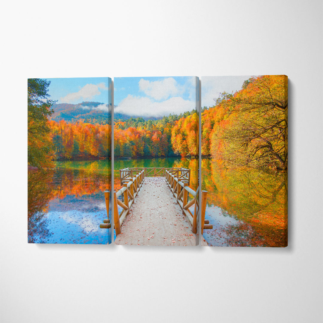 Autumn Forest Landscape with Wooden Pier in Seven Lakes Yedigoller Park Bolu Turkey Canvas Print ArtLexy 3 Panels 36"x24" inches 