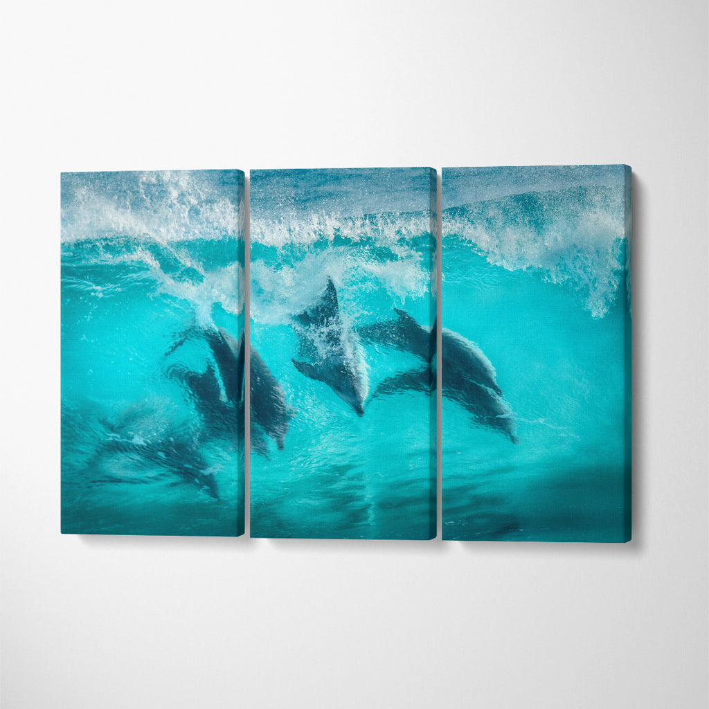 Bottlenose Dolphins Surfing in Waves Canvas Print ArtLexy 3 Panels 36"x24" inches 