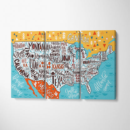 United States Map with States Canvas Print ArtLexy 3 Panels 36"x24" inches 