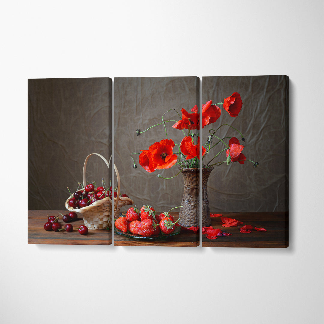 Still Life Poppy and Cherries Canvas Print ArtLexy 3 Panels 36"x24" inches 