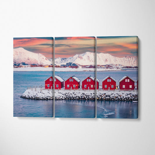 Traditional Norwegian Red Wooden Houses Lofoten Islands Canvas Print ArtLexy 3 Panels 36"x24" inches 