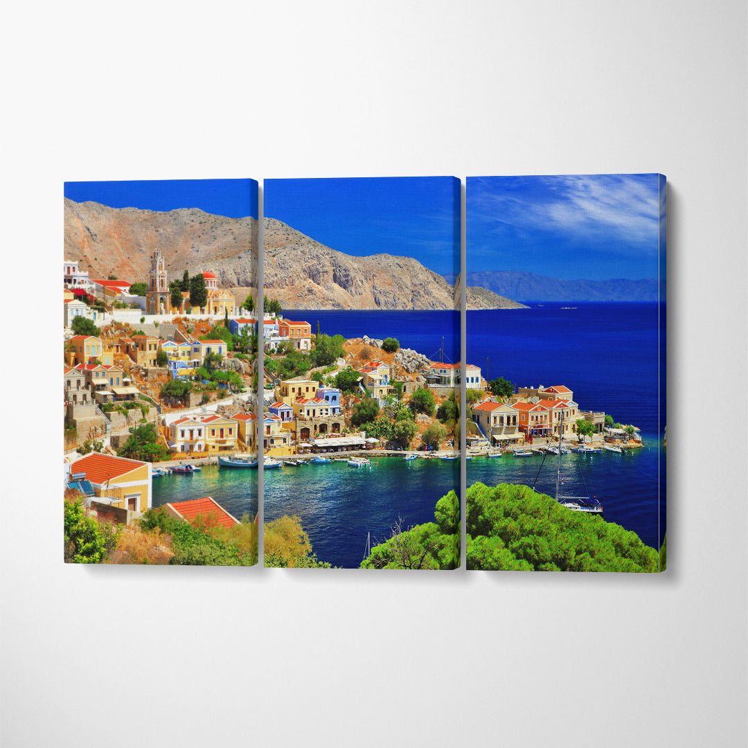 Beautiful Symi island Landscape Greece Canvas Print ArtLexy 3 Panels 36"x24" inches 