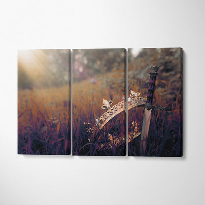 King Crown and Sword in Mysterious Forest Canvas Print ArtLexy 3 Panels 36"x24" inches 
