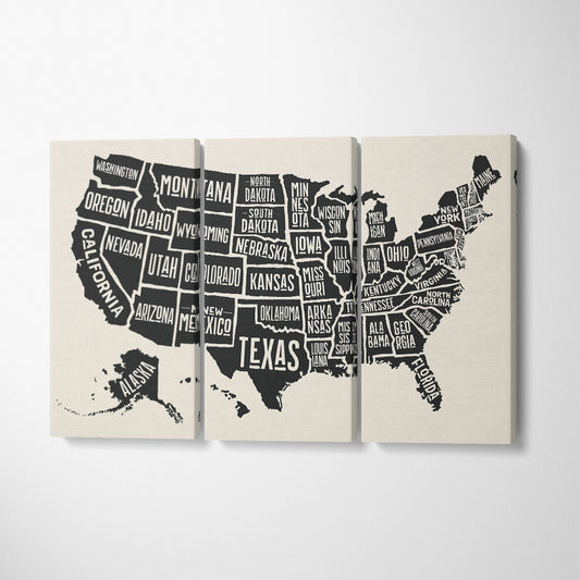 United States of America Map with State Names Canvas Print ArtLexy 3 Panels 36"x24" inches 
