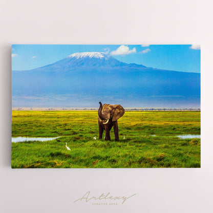 African Elephant and Mount Kilimanjaro Kenya Canvas Print ArtLexy   