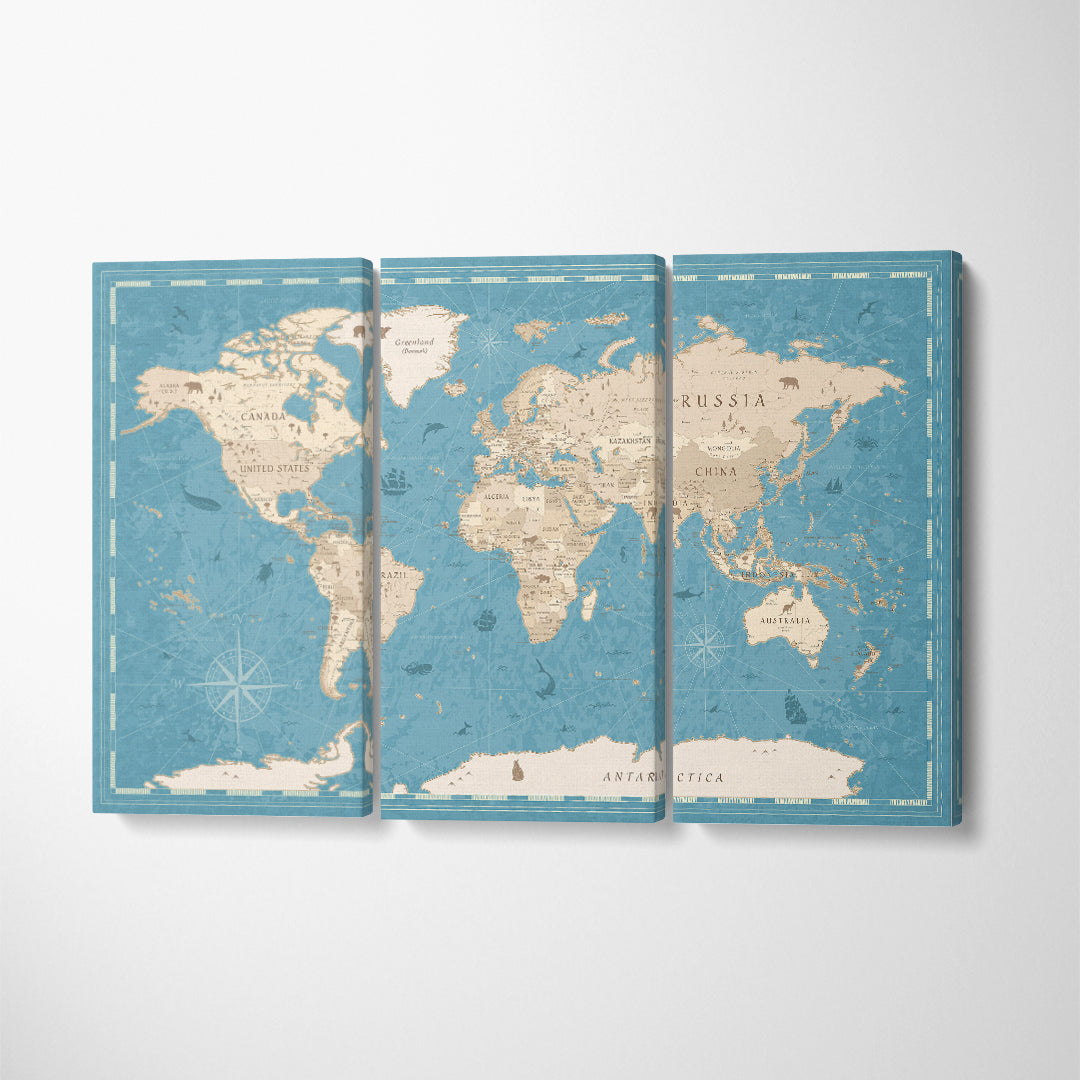 Blue and Beige Vintage World Map Canvas Print ArtLexy 3 Panels 36"x24" inches 