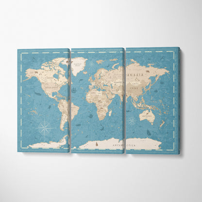 Blue and Beige Vintage World Map Canvas Print ArtLexy 3 Panels 36"x24" inches 