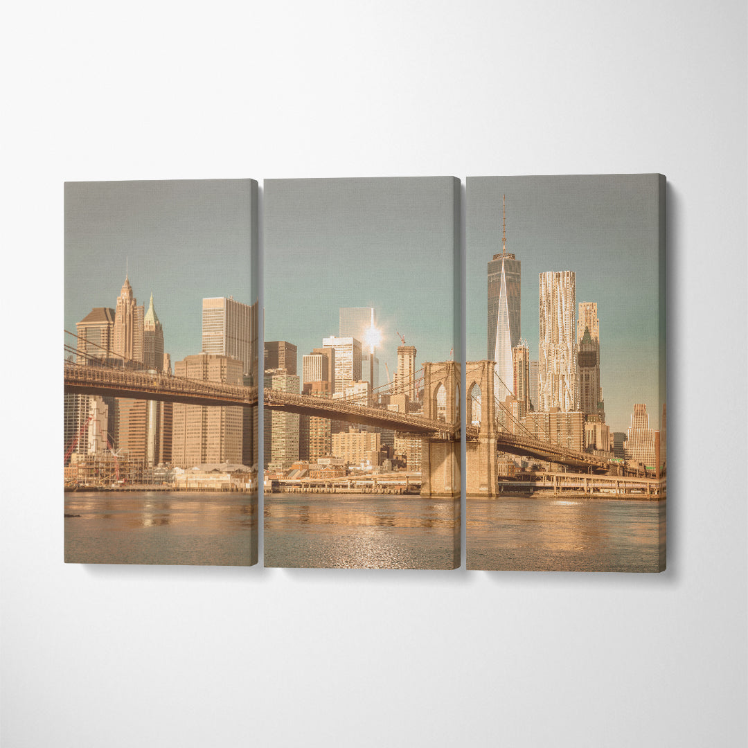 New York Brooklyn Bridge and Manhattan Canvas Print ArtLexy 3 Panels 36"x24" inches 