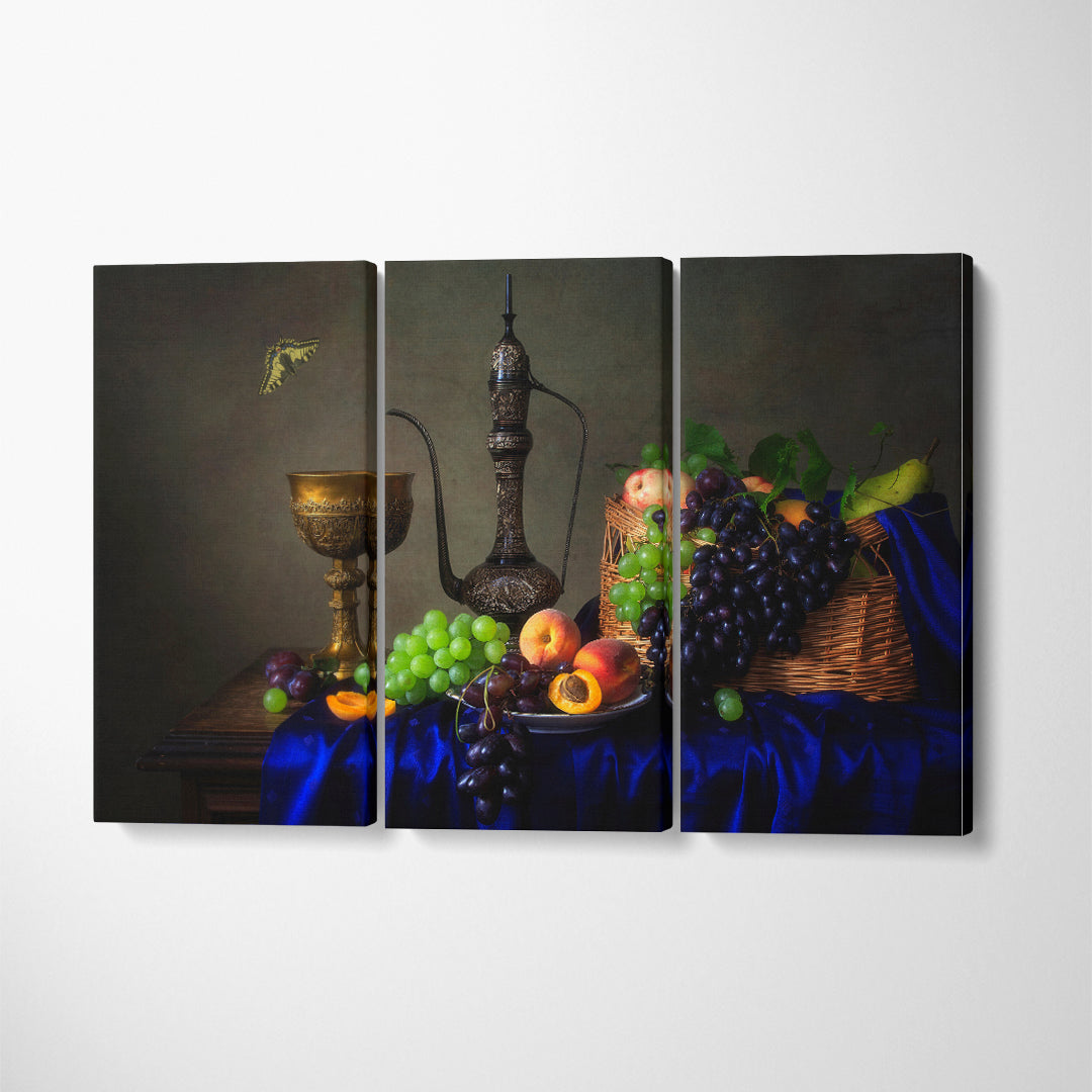 Still Life Grapes and Vintage Jug Canvas Print ArtLexy 3 Panels 36"x24" inches 