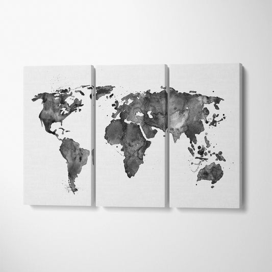 Abstract Black Map of the World Canvas Print ArtLexy 3 Panels 36"x24" inches 