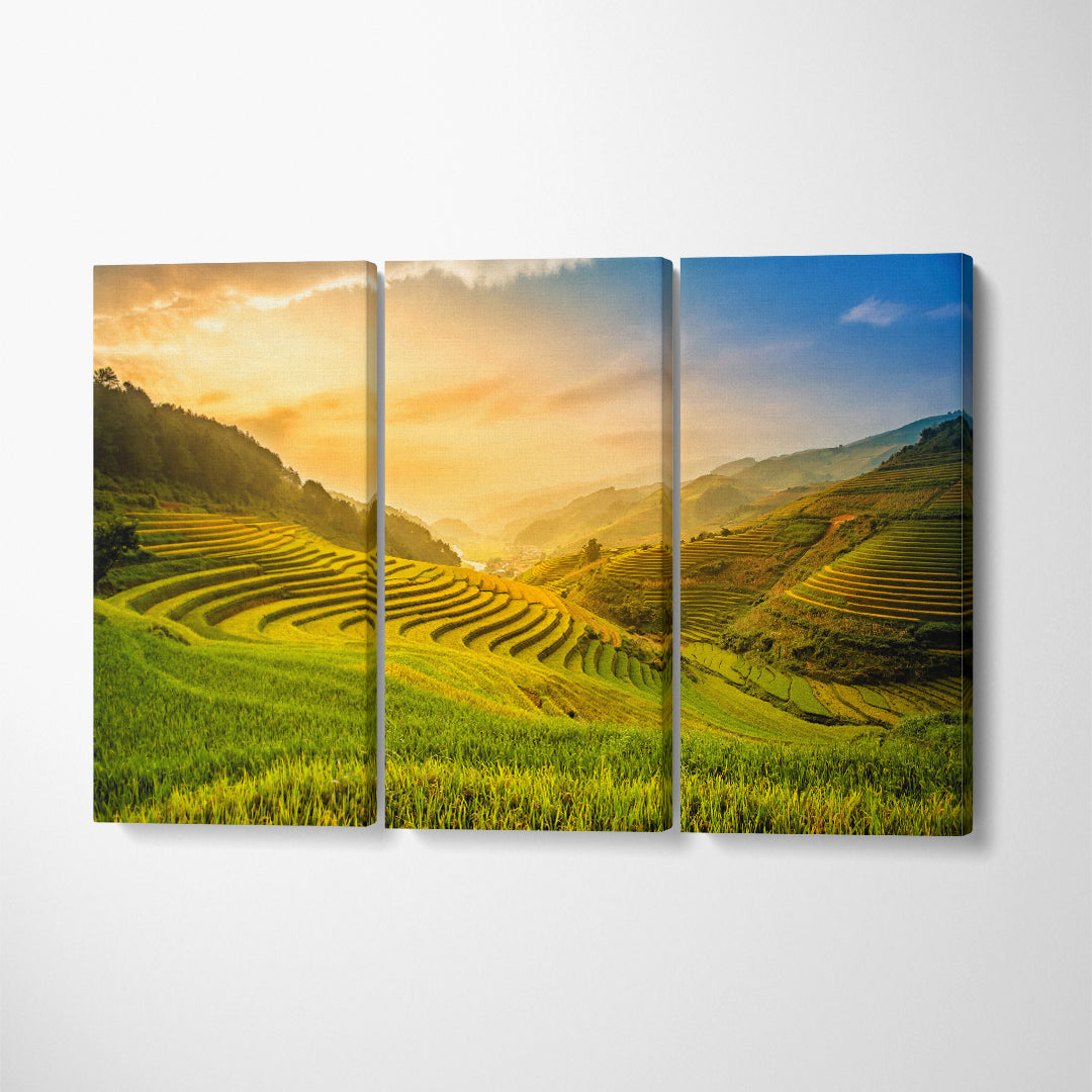 Beautiful Sunset on Rice Terraces Vietnam Canvas Print ArtLexy 3 Panels 36"x24" inches 