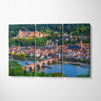 Heidelberg with Karl Theodor Bridge and Castle Canvas Print ArtLexy 3 Panels 36"x24" inches 