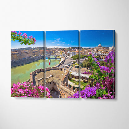 Tiber River and Historic Rome Landmarks Italy Canvas Print ArtLexy 3 Panels 36"x24" inches 
