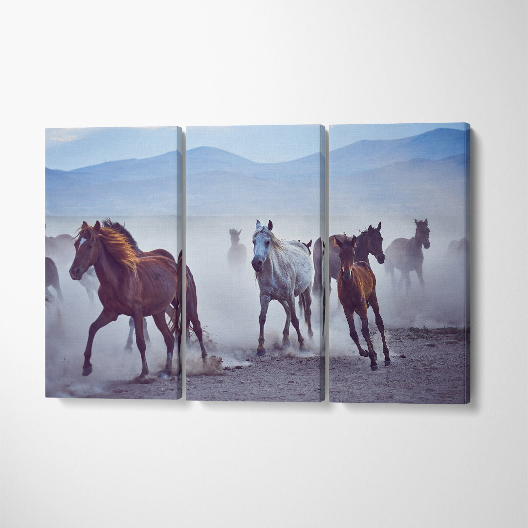 Wild Horses Running in Desert Canvas Print ArtLexy 3 Panels 36"x24" inches 