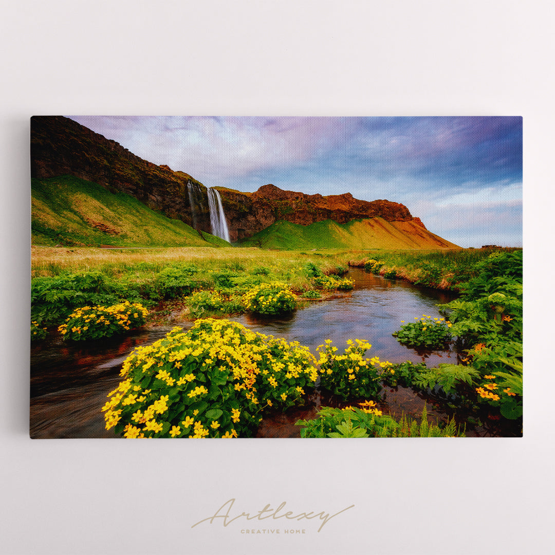 Blooming Green Field and Seljalandsfoss Waterfall Iceland Canvas Print ArtLexy   
