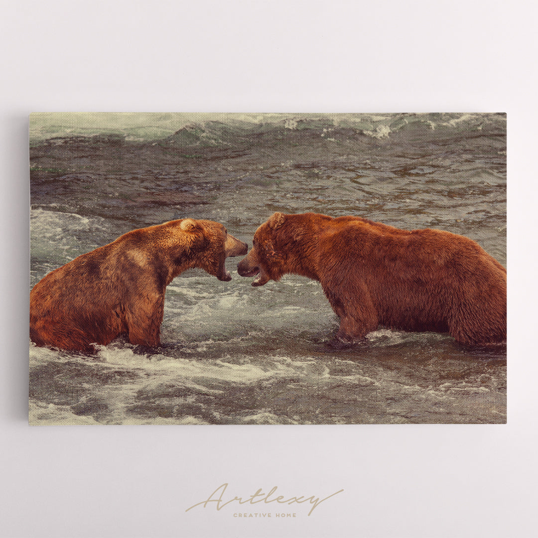 Grizzly Bears Hunting Salmon at Brooks Falls Alaska Canvas Print ArtLexy   