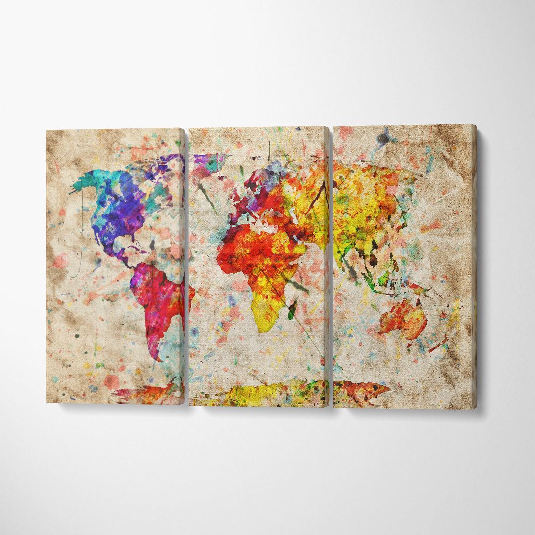 Vintage Colorful World Map Canvas Print ArtLexy 3 Panels 36"x24" inches 
