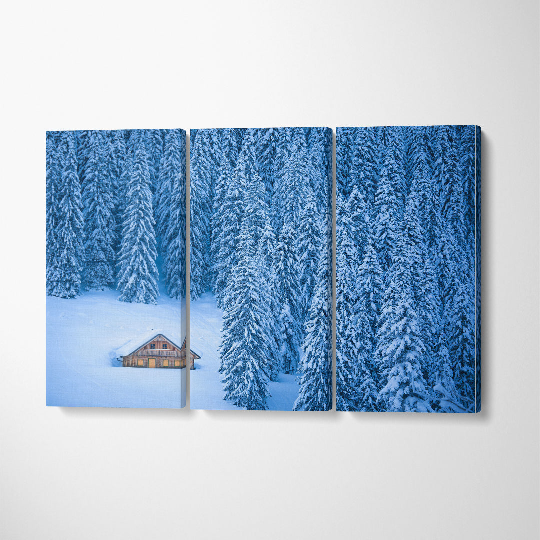 Winter Forest and Mountain Chalet Austria Canvas Print ArtLexy 3 Panels 36"x24" inches 