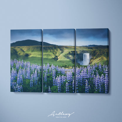 Summer view of Skogafoss Waterfall with Lupine Flowers Canvas Print ArtLexy   