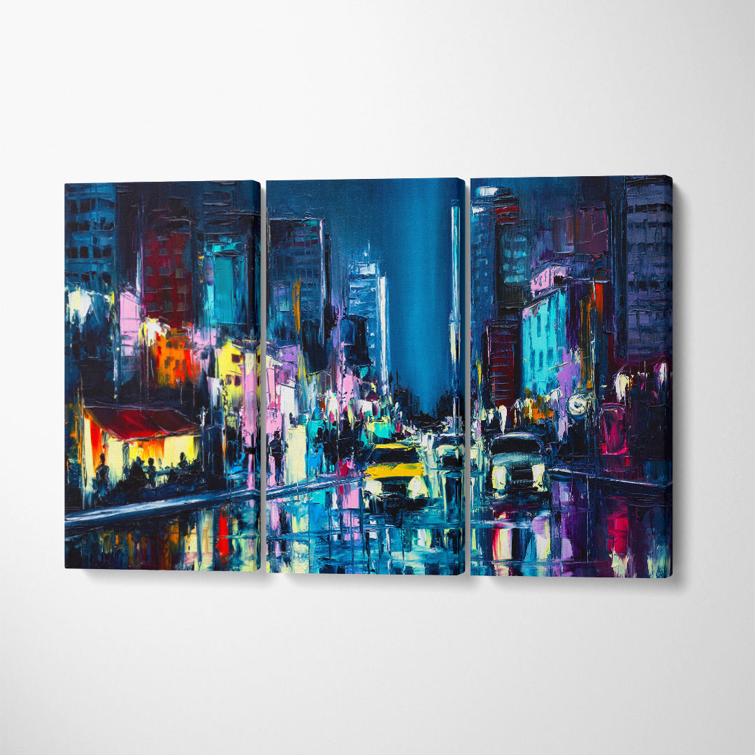 Abstract City Night Street Canvas Print ArtLexy 3 Panels 36"x24" inches 
