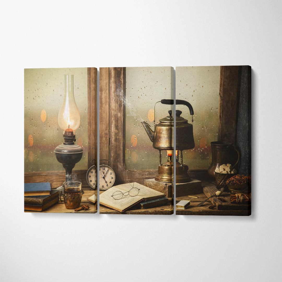 Still Life Old Hot Tea Pot with Vintage Lamp and Old Books Canvas Print ArtLexy 3 Panels 36"x24" inches 
