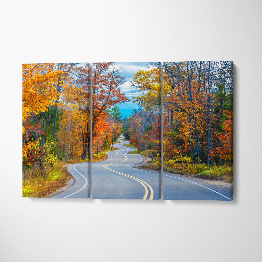 Winding Road at Autumn Forest Canvas Print ArtLexy 3 Panels 36"x24" inches 